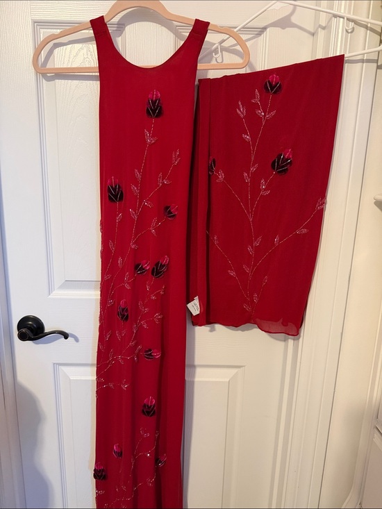 Cache Dresses & Skirts - Cache Red Sheer Evening dress & Wrap with Subtle beaded & velvet embellishments